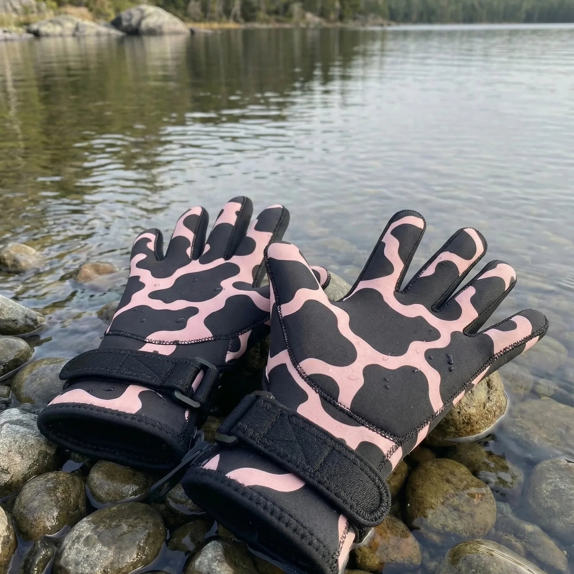 PRE ORDER - Neoprene Swim Gloves: Pink Cow Print