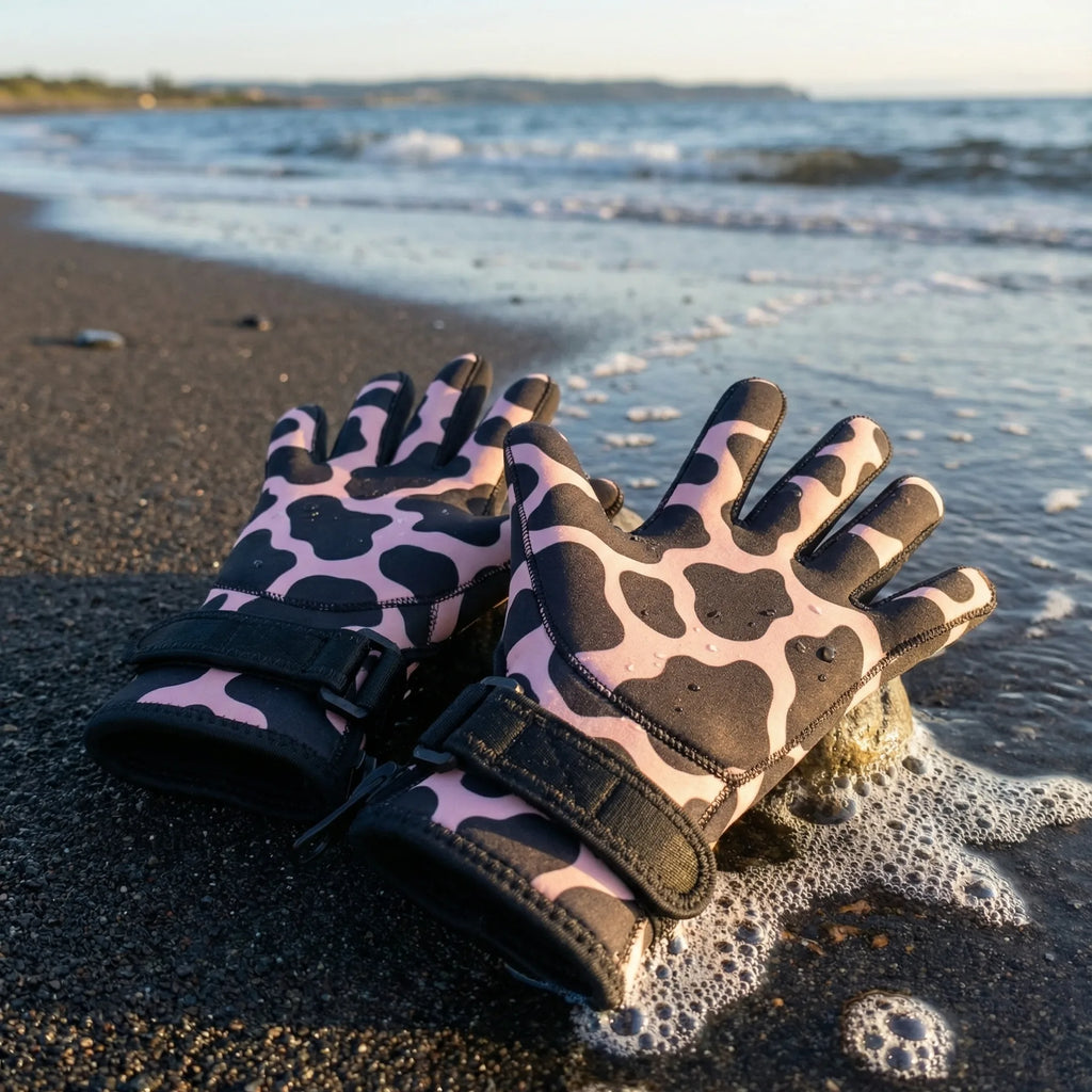 Neoprene Swim Gloves: Pink Cow Print