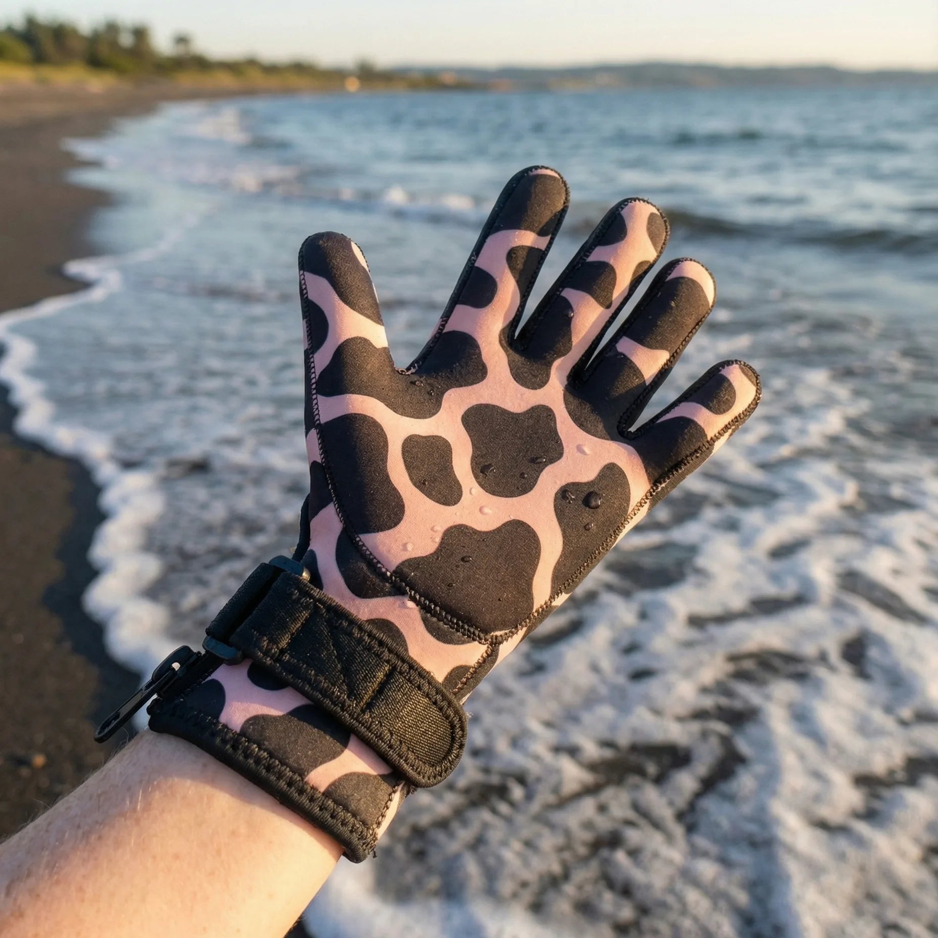 PRE ORDER - Neoprene Swim Gloves: Pink Cow Print